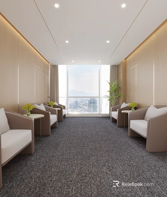 Modern Hotel Public Lounge With Comfortable Sofas Green Plants And City View 3d model