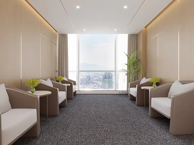 Modern Hotel Public Lounge With Comfortable Sofas Green Plants And City View 3d model