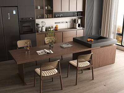 Modern Open Restaurant Interior With Wooden Dining Table Chairs And Kitchen Appliances 3d model