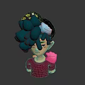 Animated Game Movie Character With Teal Curly Hair Black Cap And Red Shirt