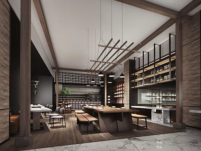 Modern Restaurant Interior With Wooden Beams Hanging Lights Long Dining Table And Bookshelves 3d model