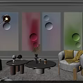 Colorful Modern Wall Decorations With Circular Patterns In Living Room Sofa And Coffee Table Setup