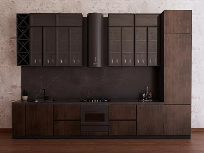 Modern Kitchen Interior With Dark Wood Cabinets Wine Rack And Stone Backsplash 3d model