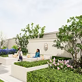 Modern Garden Landscape With Trimmed Hedges Lawn Pink Flowers Stone Path And Outdoor Sofas