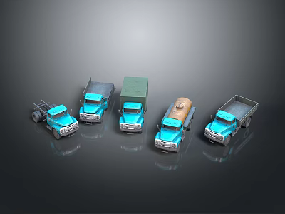Toy Trucks Collection Featuring Various Types With Blue Green And Brown Bodies On Gray Background 3d model