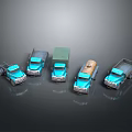Toy Trucks Collection Featuring Various Types With Blue Green And Brown Bodies On Gray Background