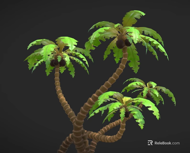 3D Model Palm Tree With Curved Knotted Trunks Green Leaves Torn Edges And Top Fruits 3d model 
