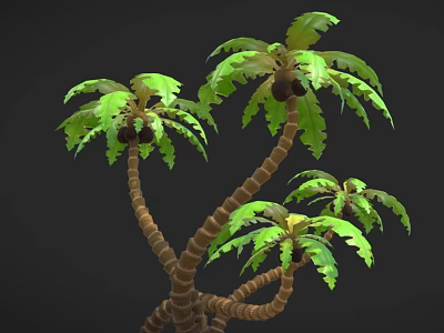 3D Model Palm Tree With Curved Knotted Trunks Green Leaves Torn Edges And Top Fruits 3d model