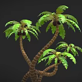 3D Model Palm Tree With Curved Knotted Trunks Green Leaves Torn Edges And Top Fruits