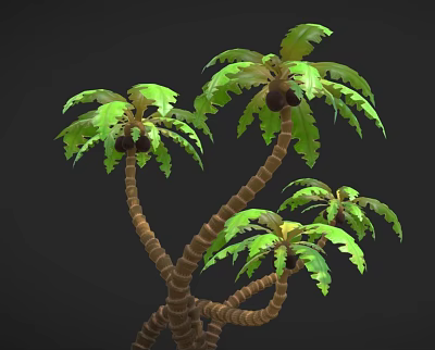 3D Model Palm Tree With Curved Knotted Trunks Green Leaves Torn Edges And Top Fruits 3d model