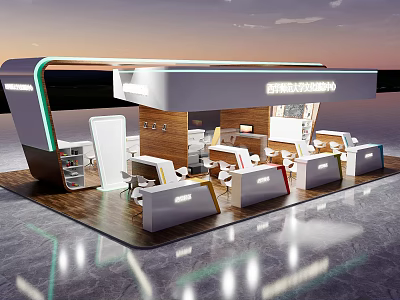 Modern Exhibition Booth Interior Design With Reception Desks Display Counters And Contemporary Lighting 3d model