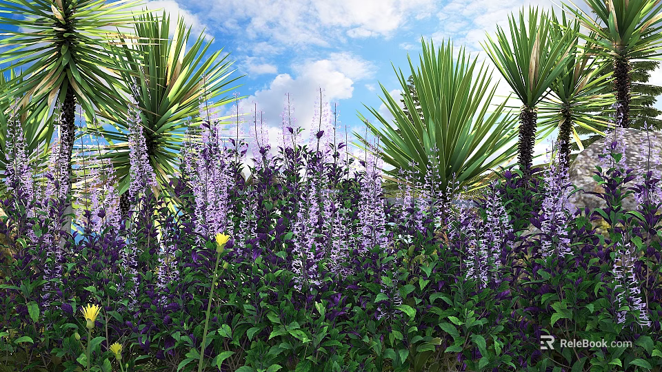 Purple Flowering Shrubs With Green Foliage And Palm Leaves Under Blue Sky And White Clouds 3d model 