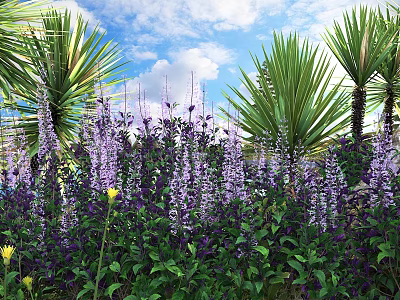 Purple Flowering Shrubs With Green Foliage And Palm Leaves Under Blue Sky And White Clouds 3d model