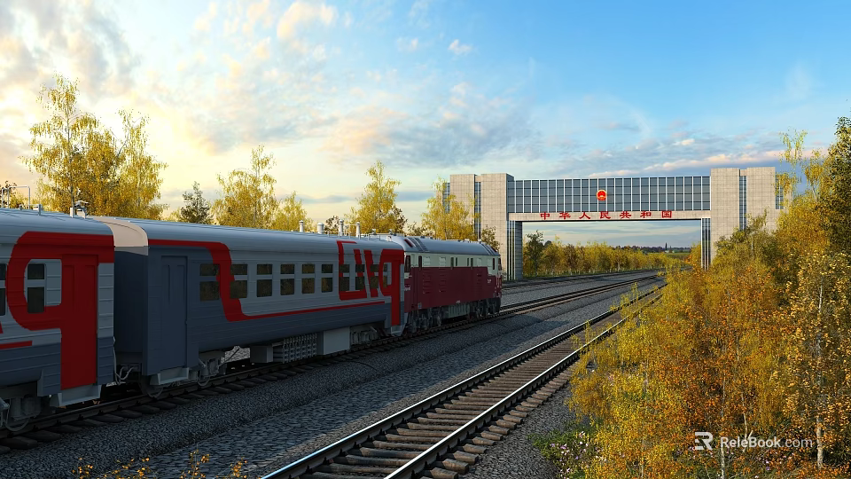 Red Gray Chinese Train Traveling on Railway Tracks with Autumn Trees and Modern Gate 3d model 