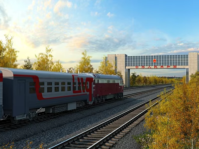 Red Gray Chinese Train Traveling on Railway Tracks with Autumn Trees and Modern Gate 3d model