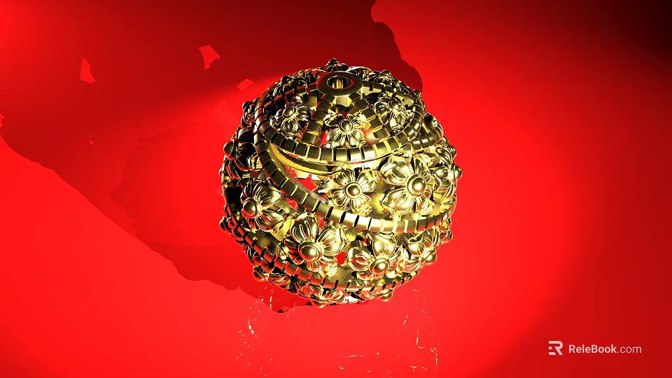 Gold Spherical Jewelry With Intricate Patterns And Red Background Decorative Design 3d model 
