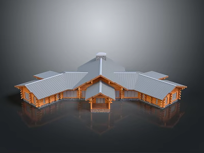 Large Log Building Architecture With Gray Roof Multiple Wings And Symmetrical Design 3d model