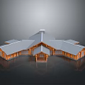 Large Log Building Architecture With Gray Roof Multiple Wings And Symmetrical Design