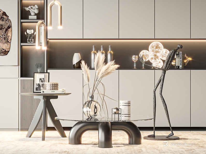 Modern Elegant Interior With Glass Coffee Table Pampas Grass Vase And Sculpture Cabinets 3d model 