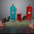 Vintage Blue And Red Fuel Pumps With Rusty Tire And Traffic Cones On Stone Base