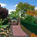 Residential Garden Landscape Design with Stone Path Fountain Statue Colorful Flowers and Green Lawn
