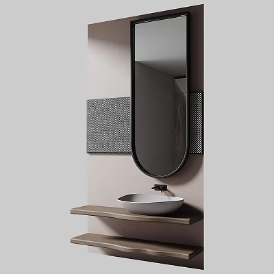 Modern Minimalist Bathroom Washbasin With Oval Mirror Wooden Shelf And Textured Wall Panel 3d model