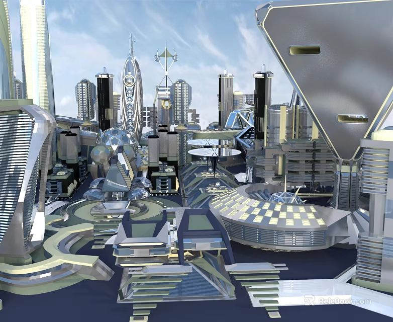 Futuristic Urban Cityscape With Tall Modern Buildings And Metallic Structures Under Blue Sky 3d model 