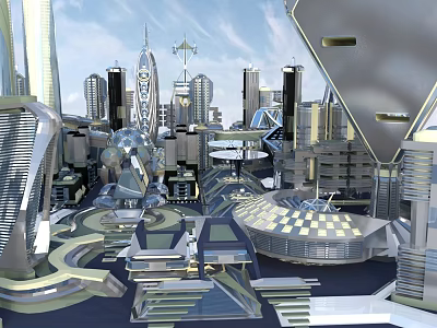 Futuristic Urban Cityscape With Tall Modern Buildings And Metallic Structures Under Blue Sky 3d model