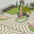Cylindrical Landscape Sculpture With Red Flag On White Base Surrounded By Trees And Geometric Paving