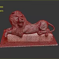 Reclining Lion Statue on Stone Plinth with Detailed Mane and Moss Accents