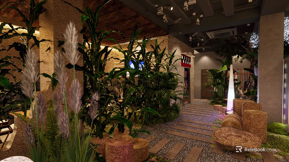 Tropical Bar Interior Design With Lush Green Plants And Cozy Seating Areas 3d model 