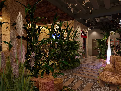 Tropical Bar Interior Design With Lush Green Plants And Cozy Seating Areas 3d model