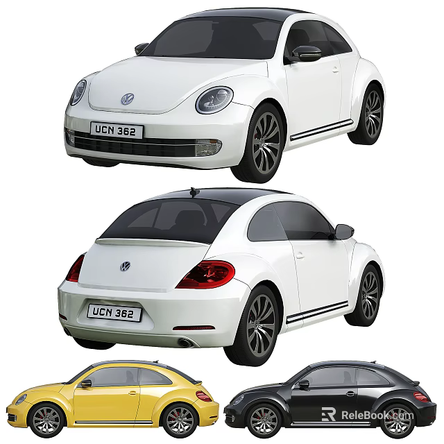 Volkswagen Beetle Cars In White Yellow Gray With Front And Rear Views 3d model 