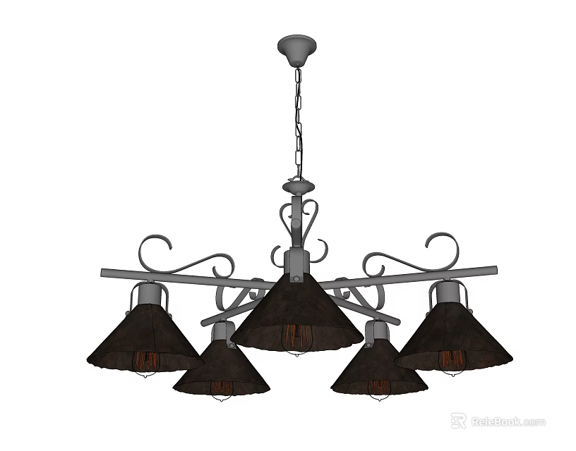 Vintage Industrial Chandelier With Curved Decorative Arms And Five Brown Shades 3d model 