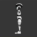 3D White And Black Robot Character With Green Eyes Extended Arms Standing On Black Background