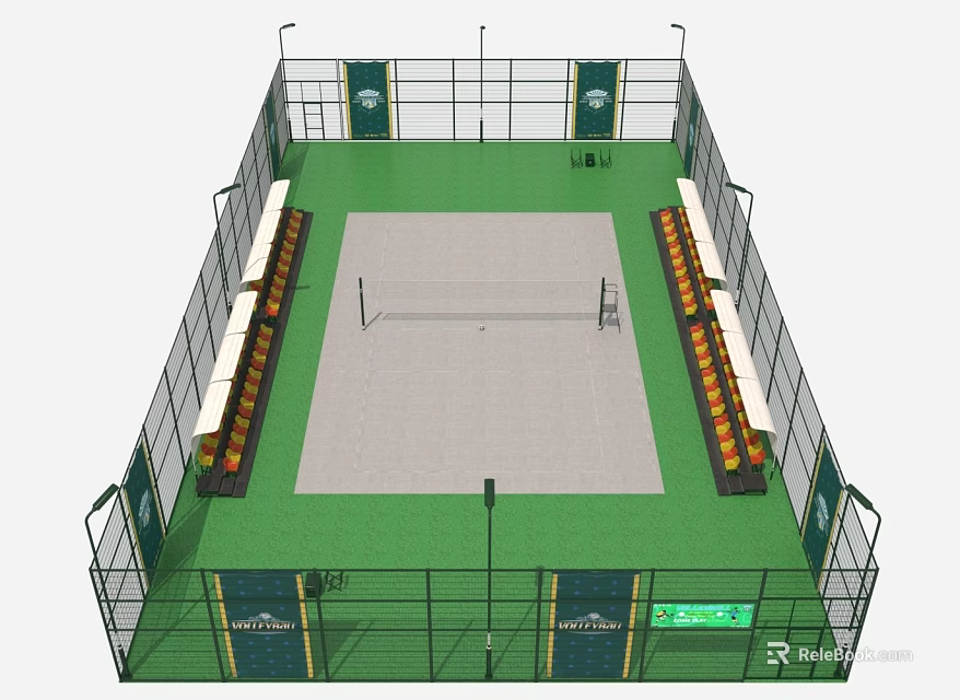 Outdoor Tennis Court Fitness Training Facility With Green Surface Seating Fencing And Lighting 3d model 