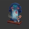Decorative Blue Arched Structure With Fish Fin Decorations Pink Flowers Incense Burner On Wooden Base