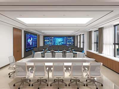 Modern Control Room Interior With Large Monitor Screens Conference Table Chairs And Windows 3d model