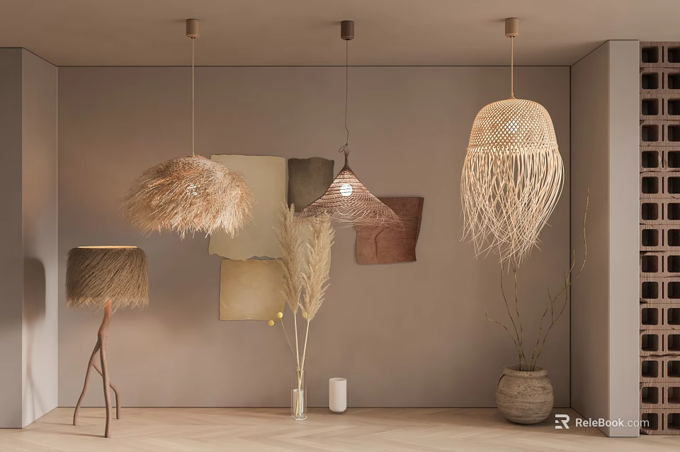 Natural Pendant Lights with Woven Rattan and Feather Shades in Neutral Interior And Pampas Grass 3d model 