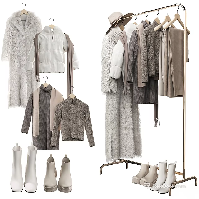 Neutral Tones Clothes Collection Featuring Knit Sweaters Fur Coats Scarves And Boots On Hanging Display Racks 3d model 
