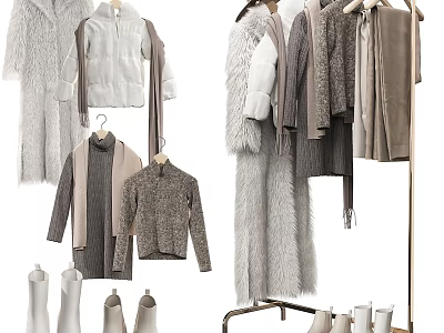 Neutral Tones Clothes Collection Featuring Knit Sweaters Fur Coats Scarves And Boots On Hanging Display Racks 3d model