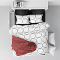 White Double Bed With Circular Pattern Bedding Red Blanket And Storage Drawers 3d model