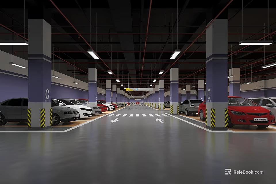 Modern Indoor Parking Lot With Multiple Parked Cars Columns And Clear Floor Markings 3d model 
