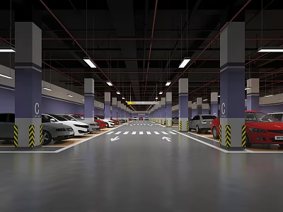 Modern Indoor Parking Lot With Multiple Parked Cars Columns And Clear Floor Markings 3d model