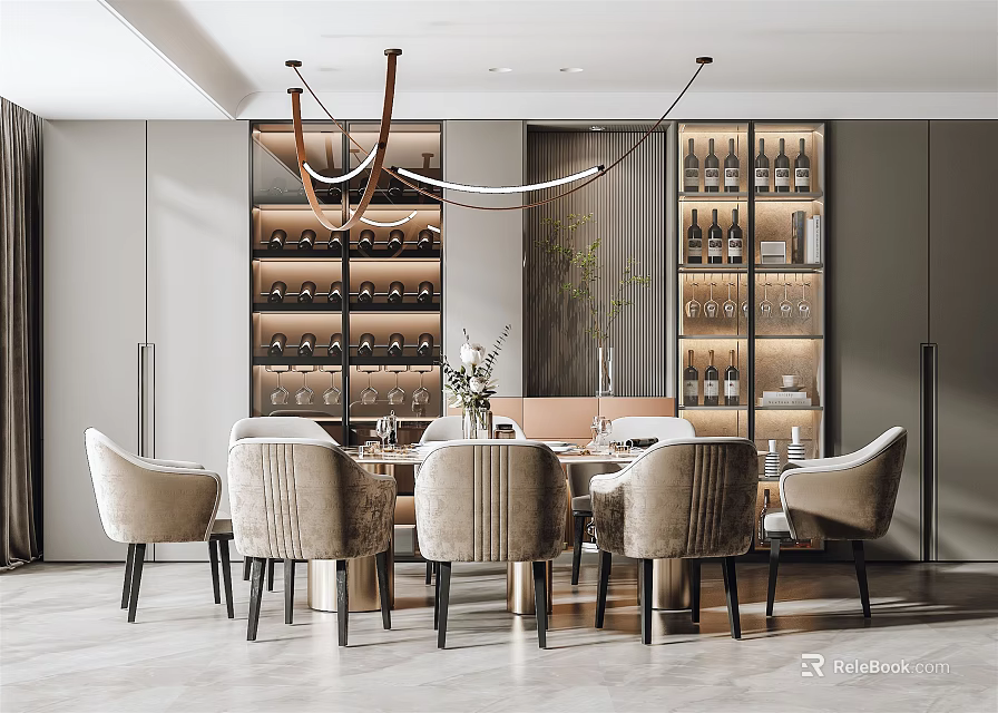 Elegant Modern Restaurant Interior With Dining Table Upholstered Chairs Wine Rack And Pendant Lights 3d model 