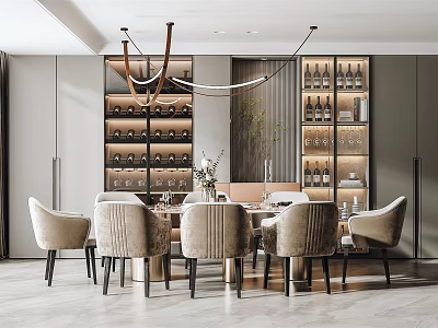 Elegant Modern Restaurant Interior With Dining Table Upholstered Chairs Wine Rack And Pendant Lights 3d model