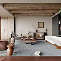 Modern Living Room Interior With Wooden Ceiling Beams Sofa Coffee Table And Area Rug