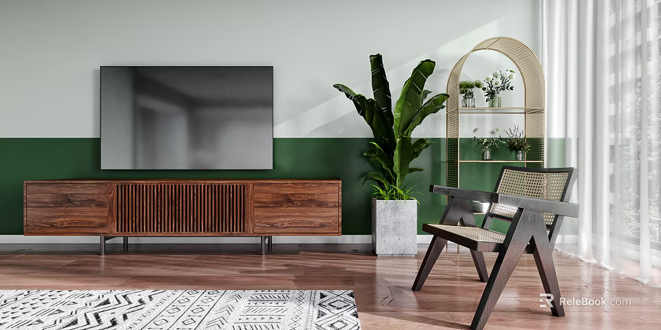 Wooden TV Cabinet with Wall-Mounted TV Green Plant Rattan Chair Arc Shelf and Geometric Rug 3d model 