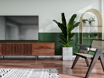 Wooden TV Cabinet with Wall-Mounted TV Green Plant Rattan Chair Arc Shelf and Geometric Rug 3d model