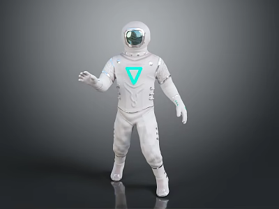 White Astronaut Spacesuit With Modern Design And Blue V Shaped Logo 3d model